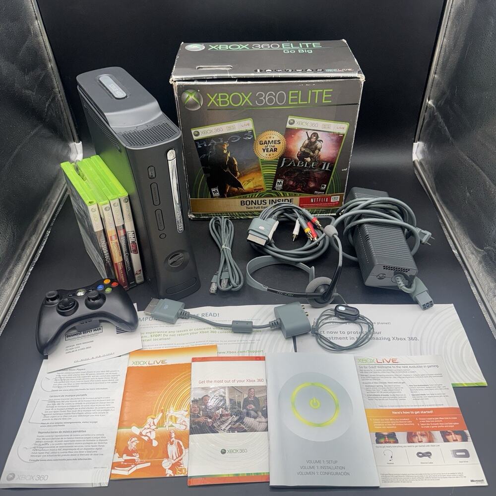 Xbox 360 Elite 120gb Bundle Complete In Box W/ 4 Games Accessories OEM Cords EUC